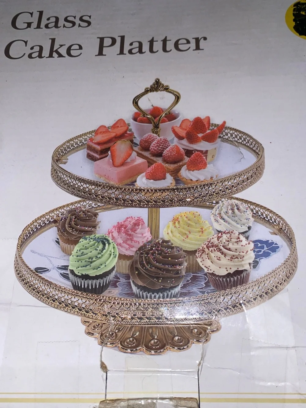 NWT’s 2-Tiered Glass Cake / Cupcakes Platter - Gold Tone Trimming - Picture 4 of 5
